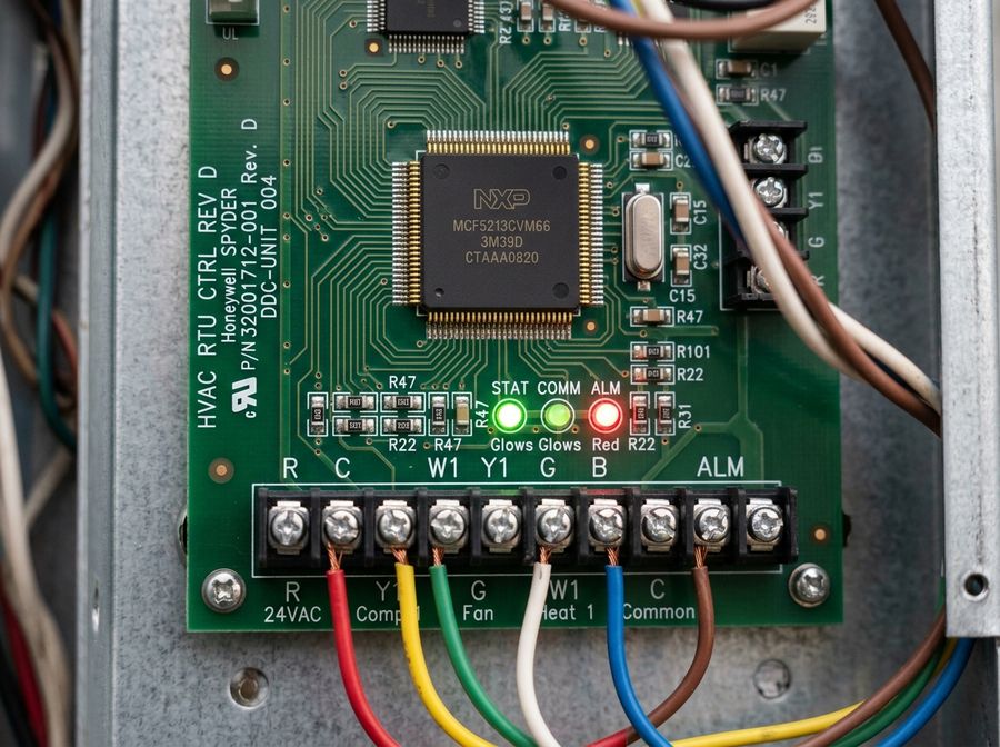 Commercial HVAC Simplicity control board diagnostic LEDs