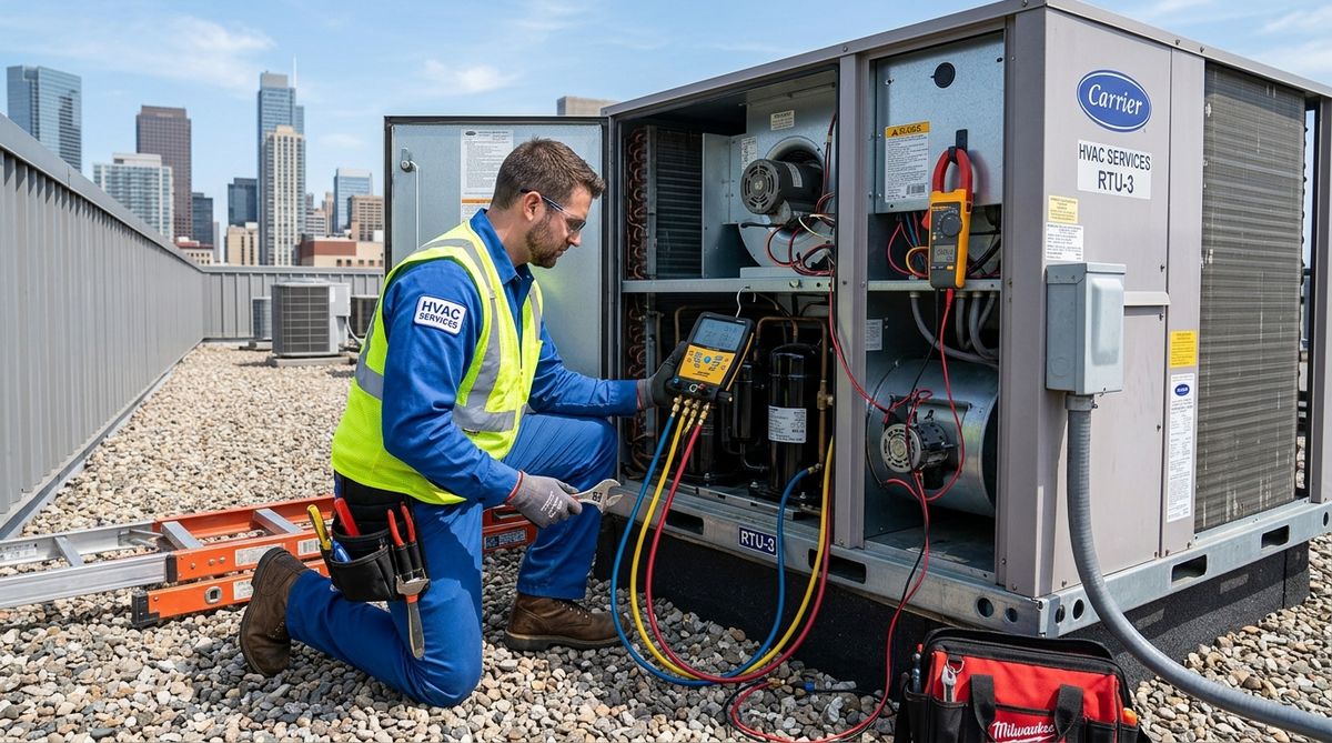 Commercial HVAC Certified Technician Performing Rooftop Unit Manifold Gauge Diagnostics